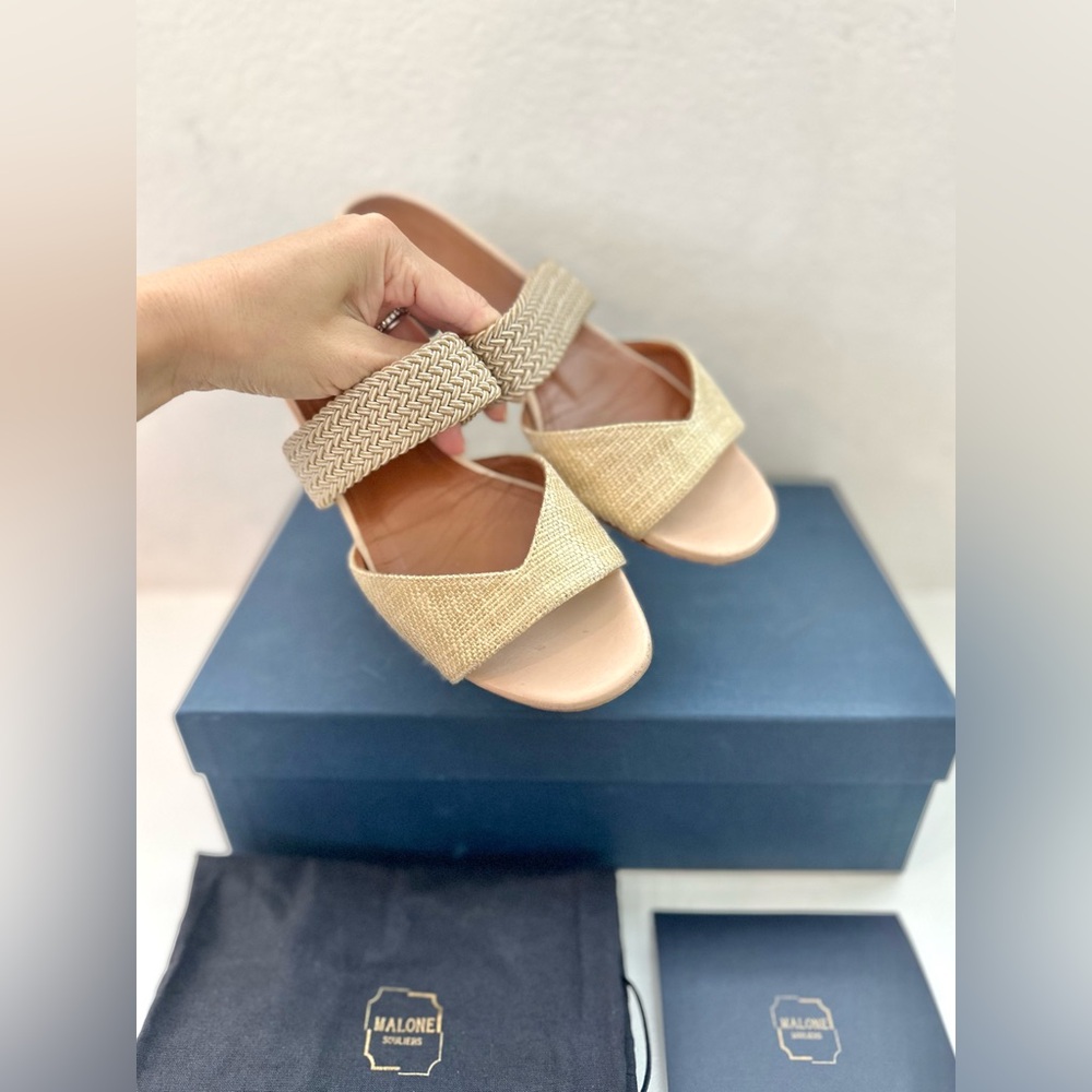 Auth Malone Souliers Cream Woven Raffia Rodena Flat Slides, 35.5
